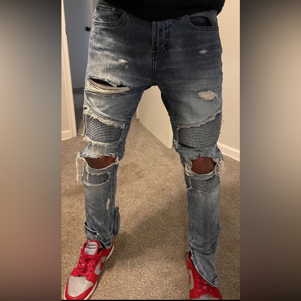 PacSun Distressed Skinny Stacked Denim Biker Jeans with zippered cuffs 31 x 32